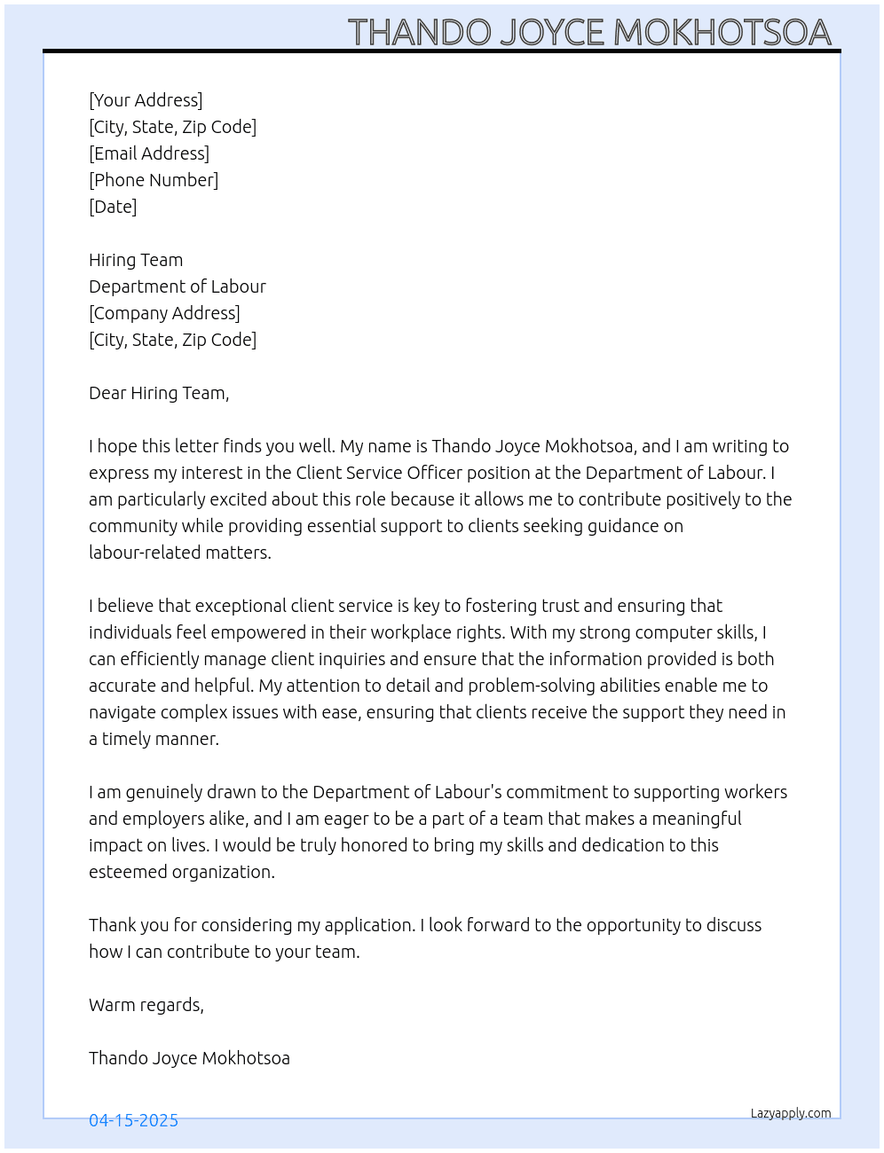 Client Service Officer  At Department of Labour  Cover Letter