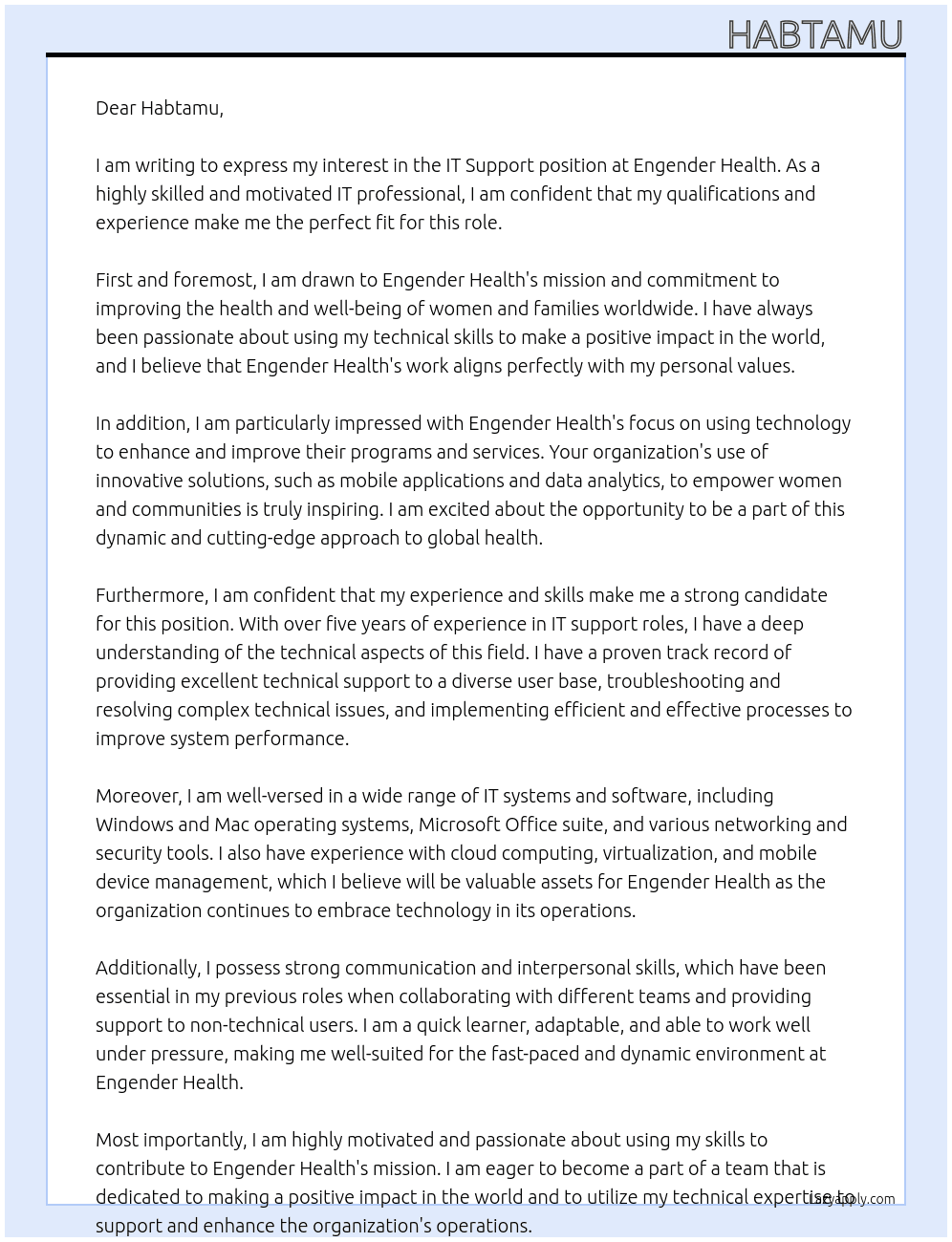 IT Spport At Engender Health Cover Letter