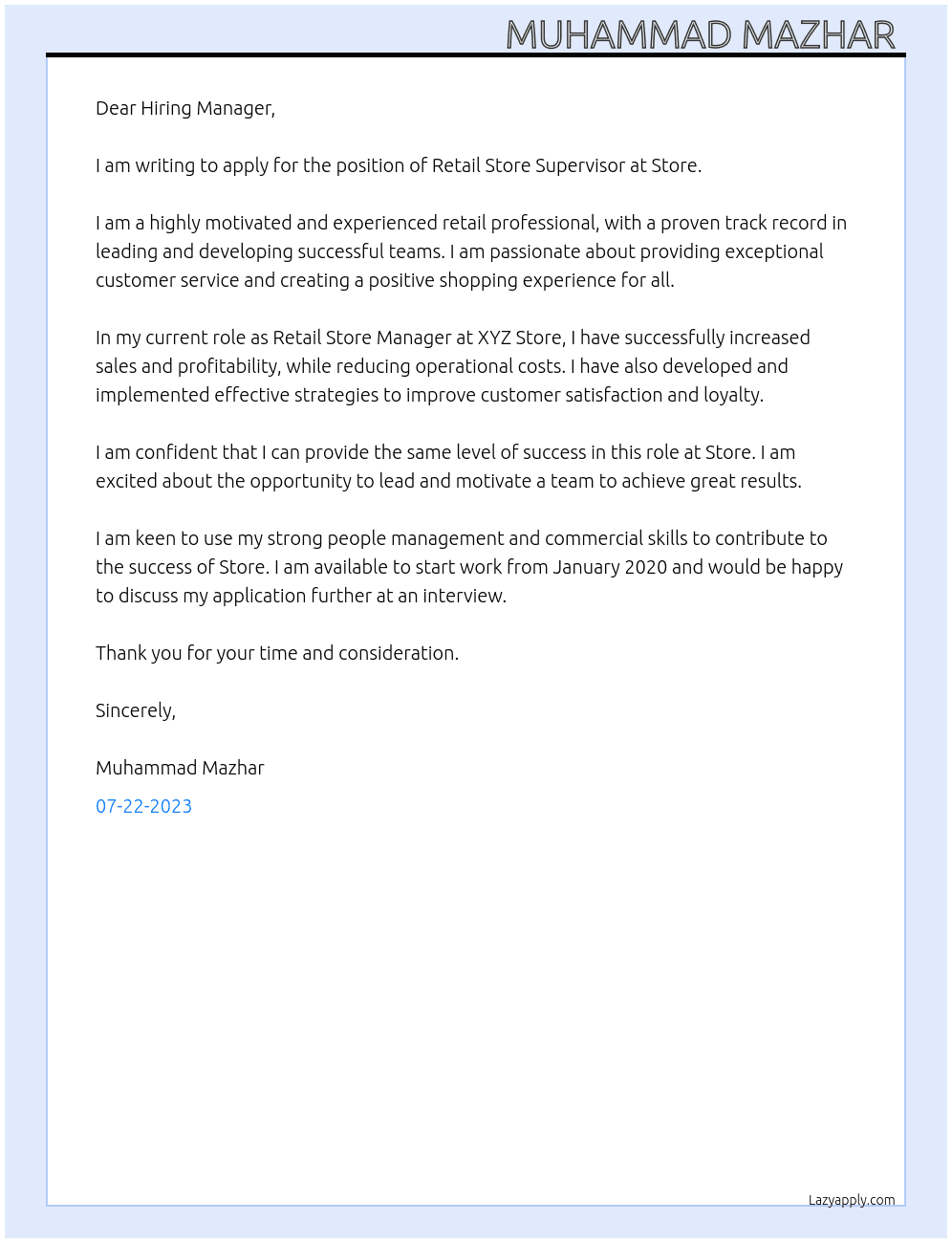 Retail store supervisor  At Store  Cover Letter