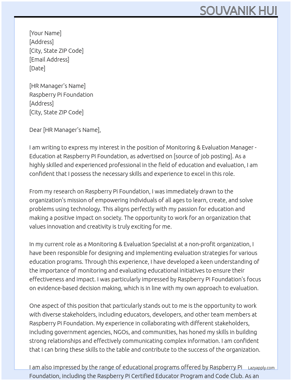 Monitoring & Evaluation Manager - Education At Raspberry Pi Foundation Cover Letter