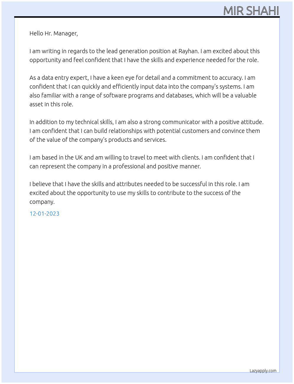 lead generation At Rayhan  Cover Letter