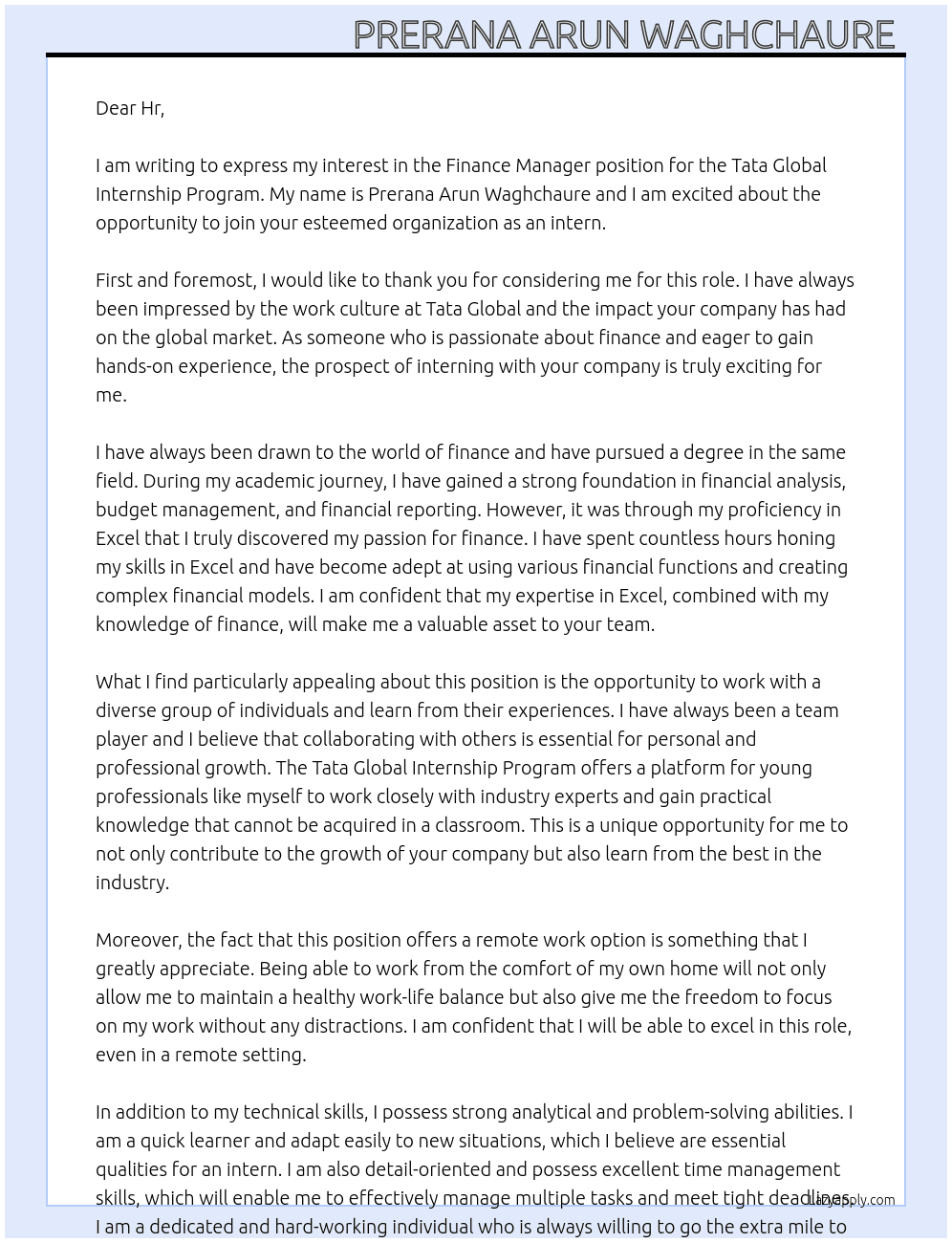 Finance manager  At Tata global internship program  Cover Letter