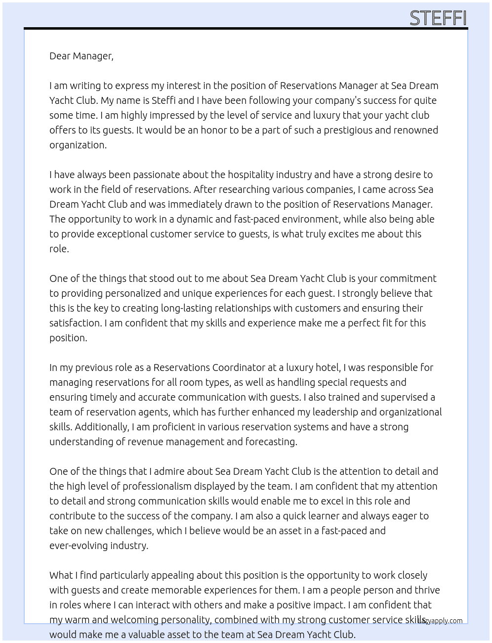 reservations manager At sea dream yacht club Cover Letter