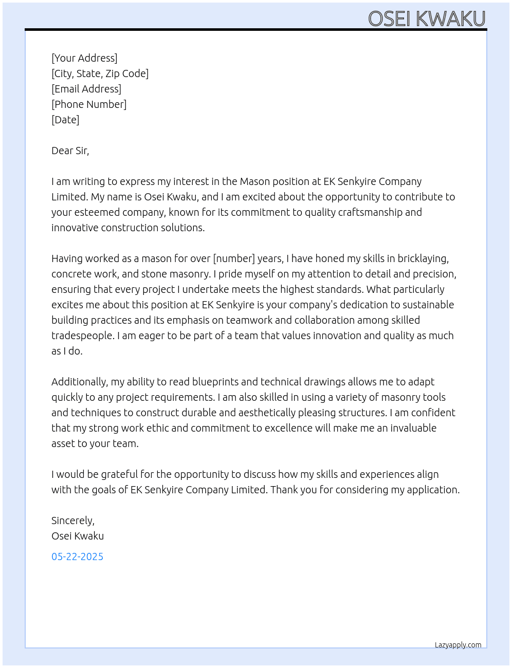 Mason At EK Senkyire Company Limited  Cover Letter