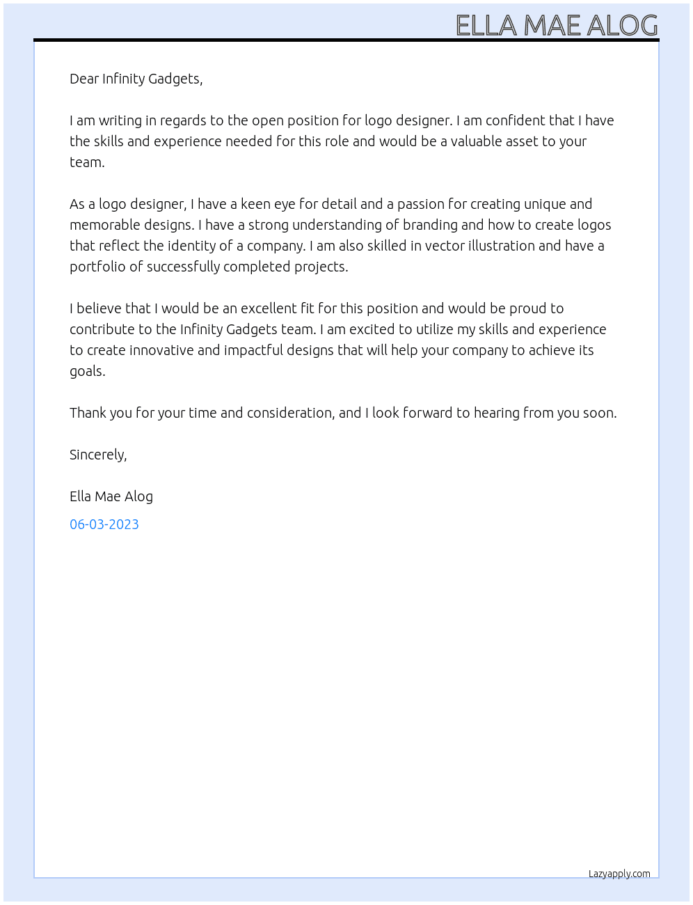 Logo designer At Infinity Gadgets Cover Letter