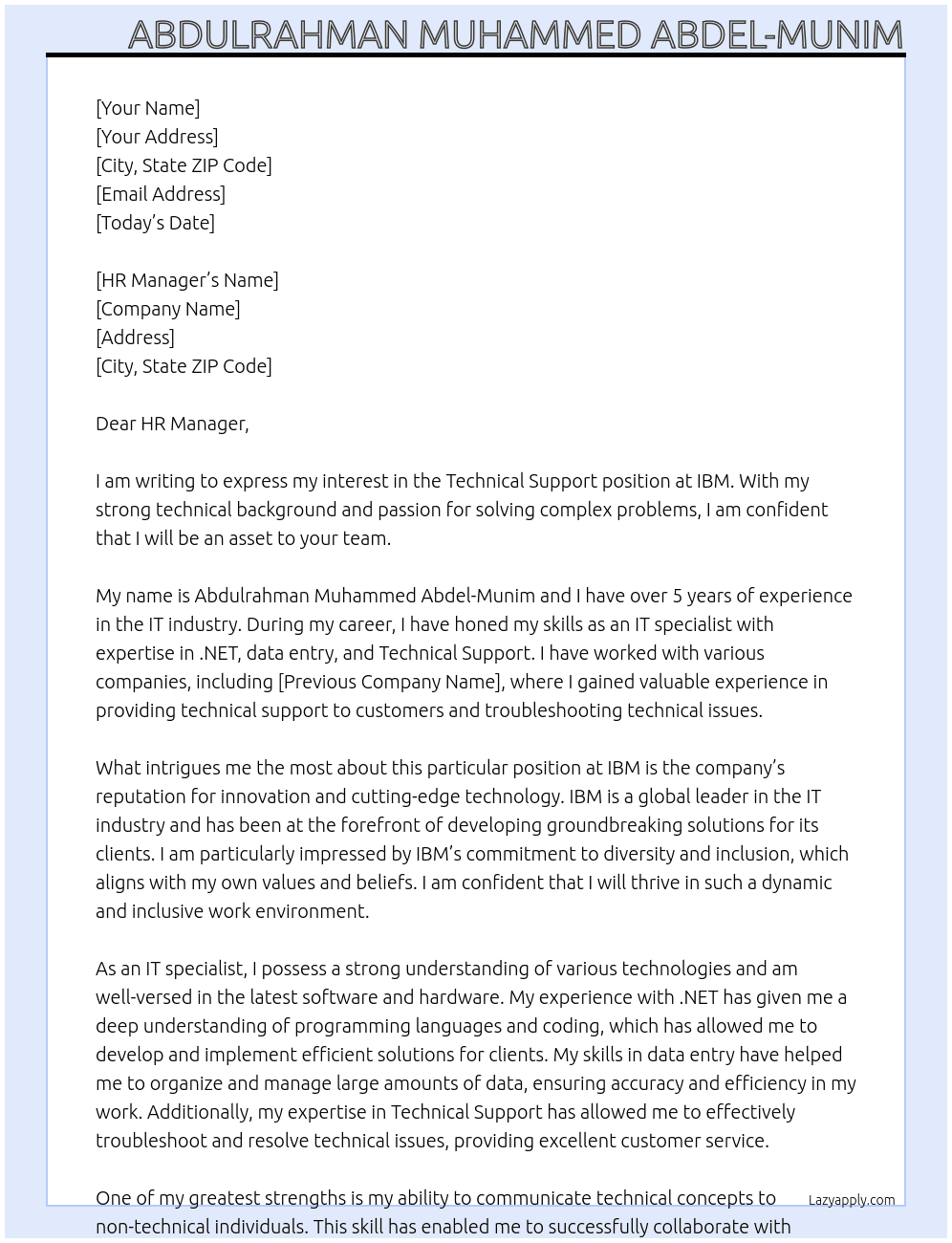 Technical Support At IBM Cover Letter