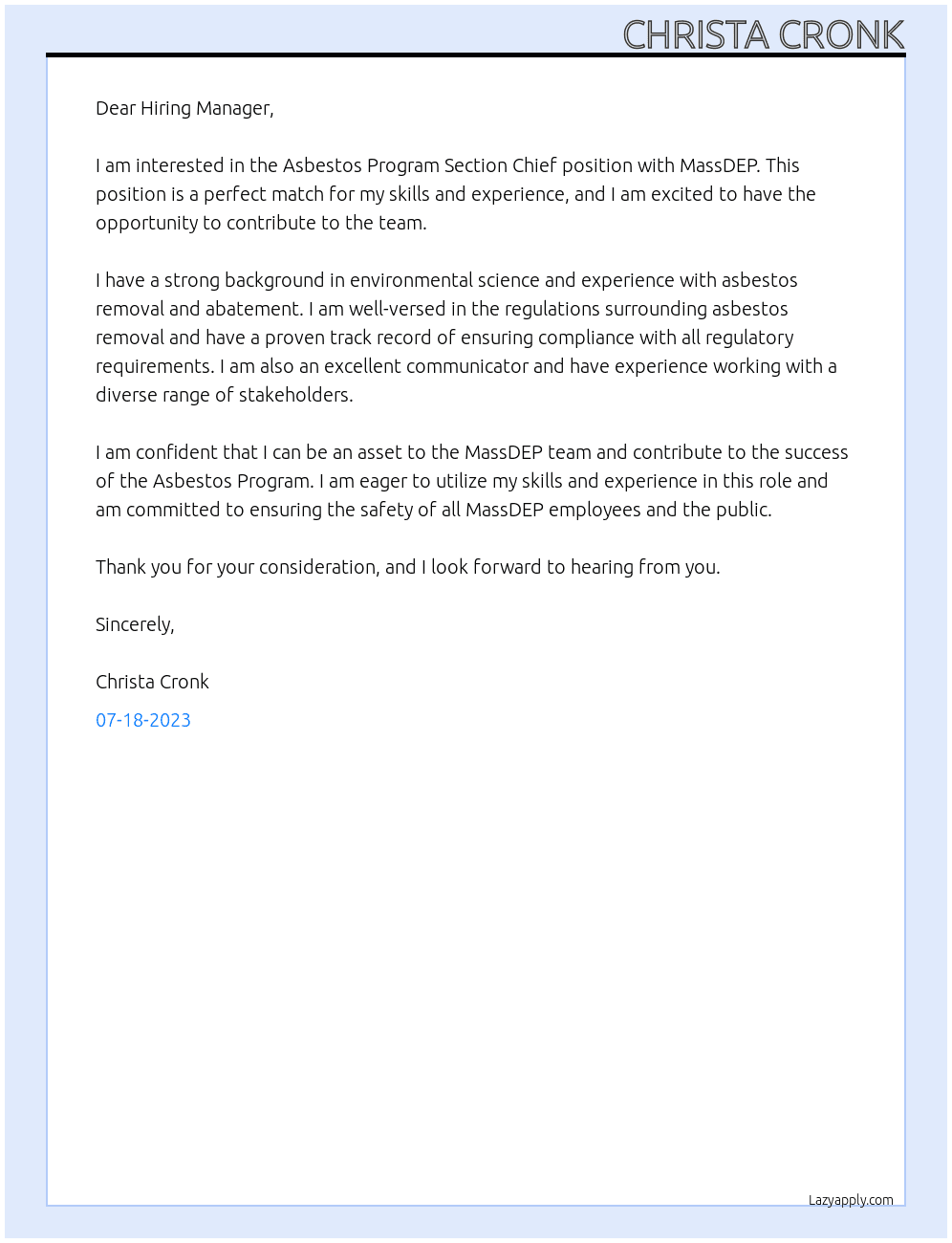 Asbestos Program Section Chief At MassDEP Cover Letter