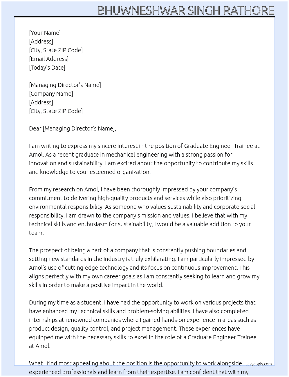 Graduate engineer trainee At Amol  Cover Letter