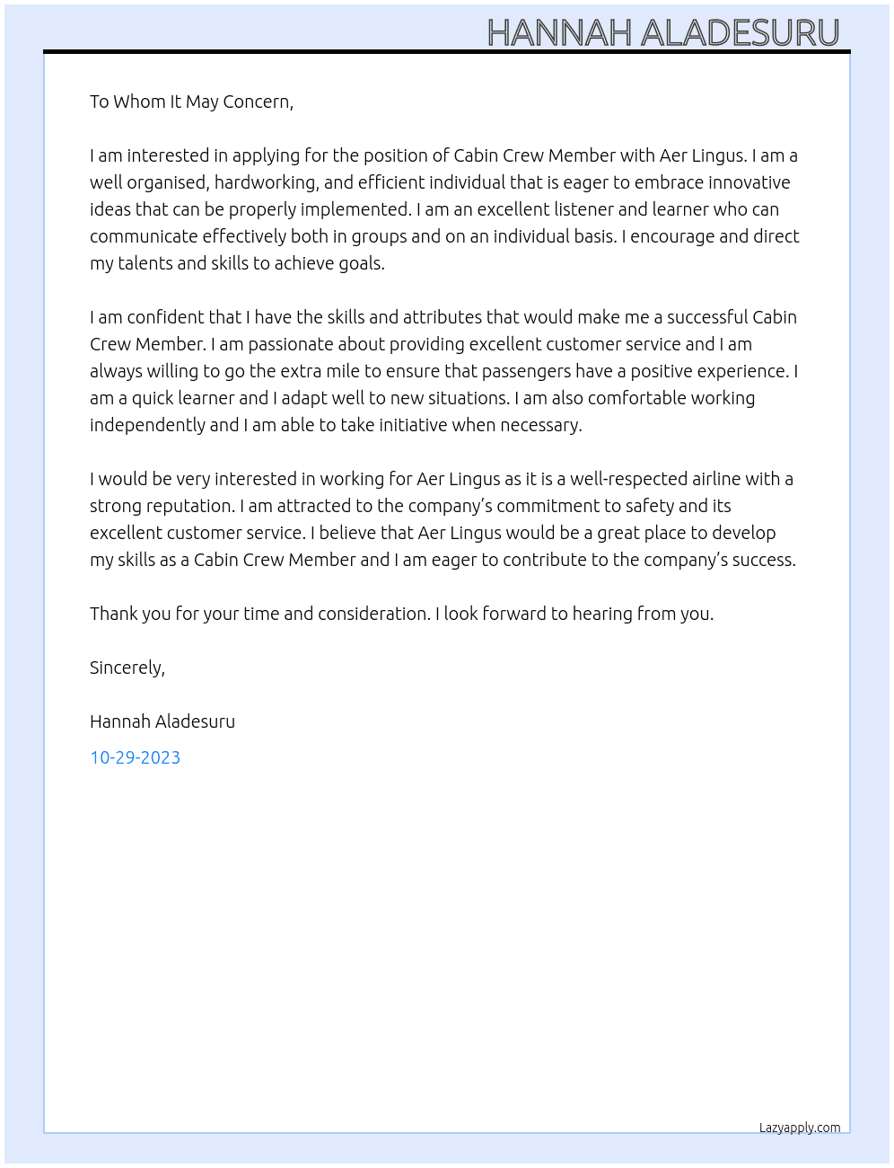 Cabin crew member  At Aer lingus  Cover Letter