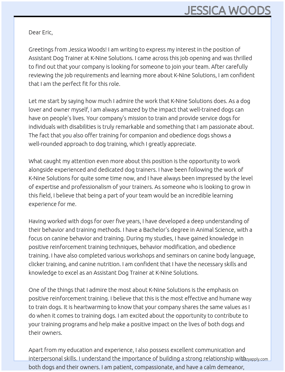 Assistant Dog Trainer At K-Nine Solutions Cover Letter