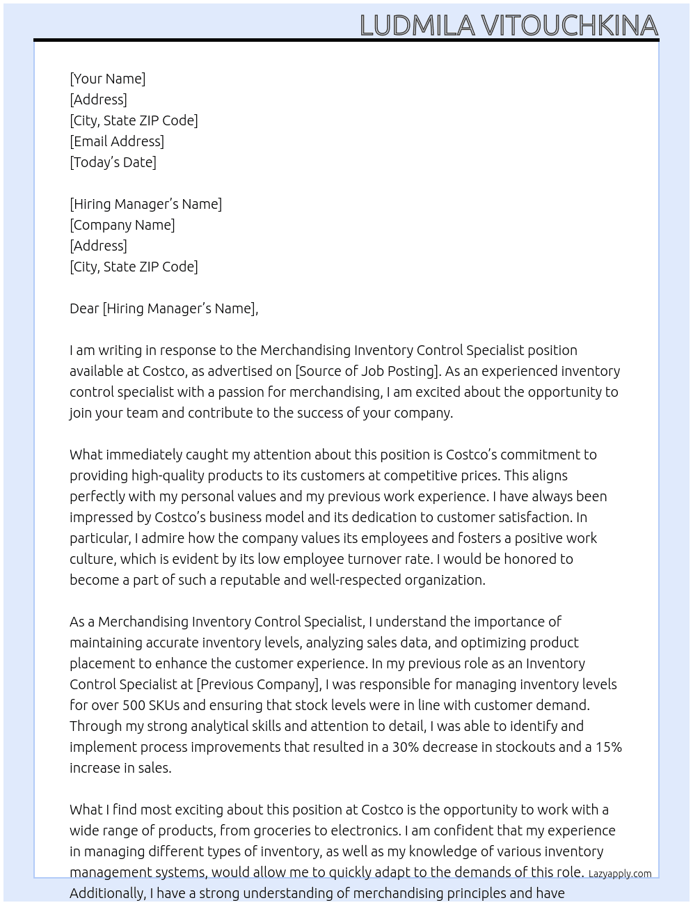Cover letter for merchandising inventory control specialist - LazyApply