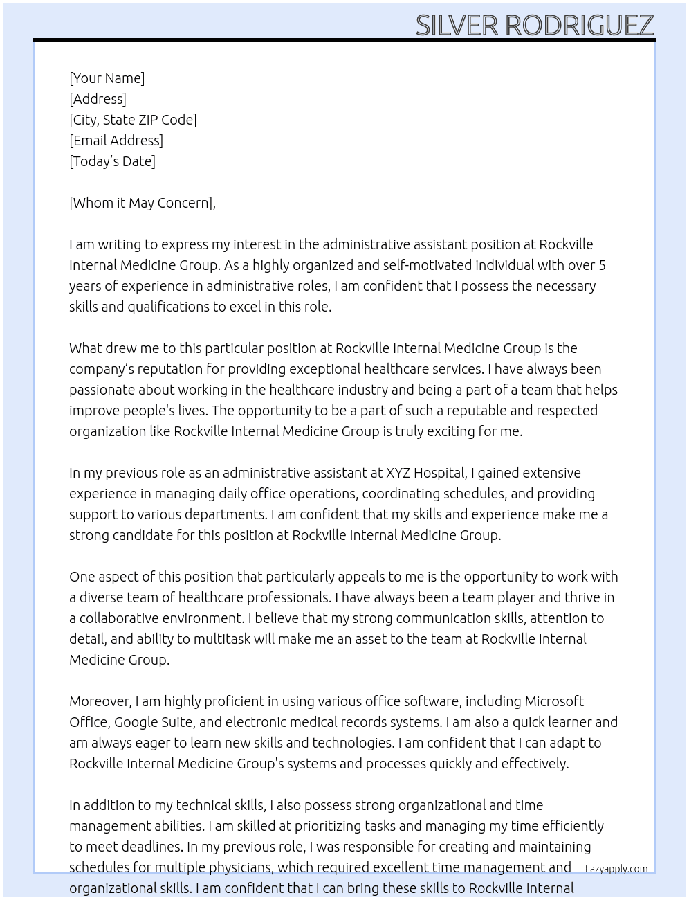 administrative assistance  At Rockville Internal Medicine Group Cover Letter