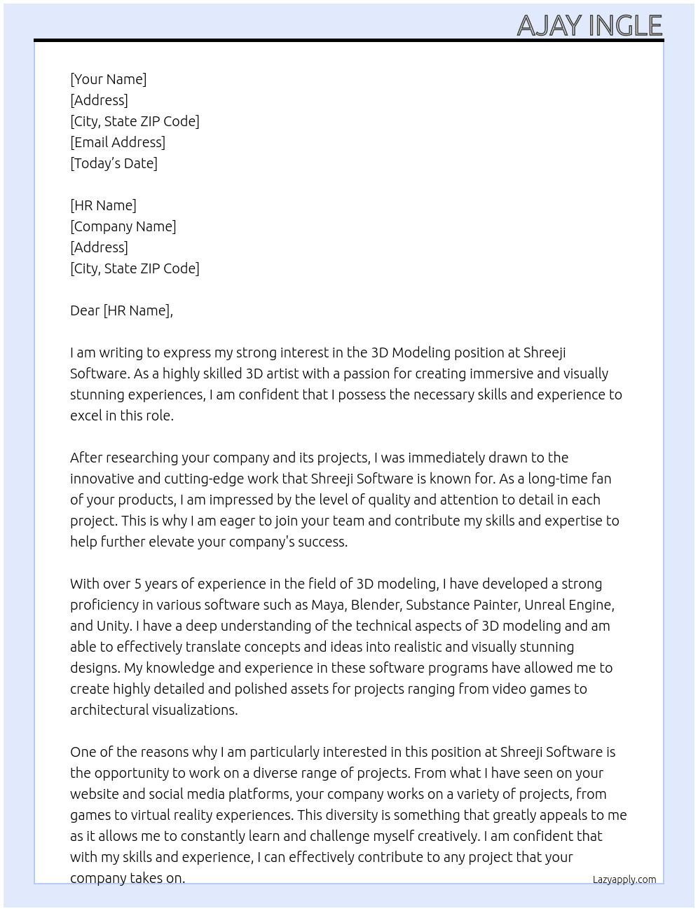 3d modling  At Shreeji software  Cover Letter
