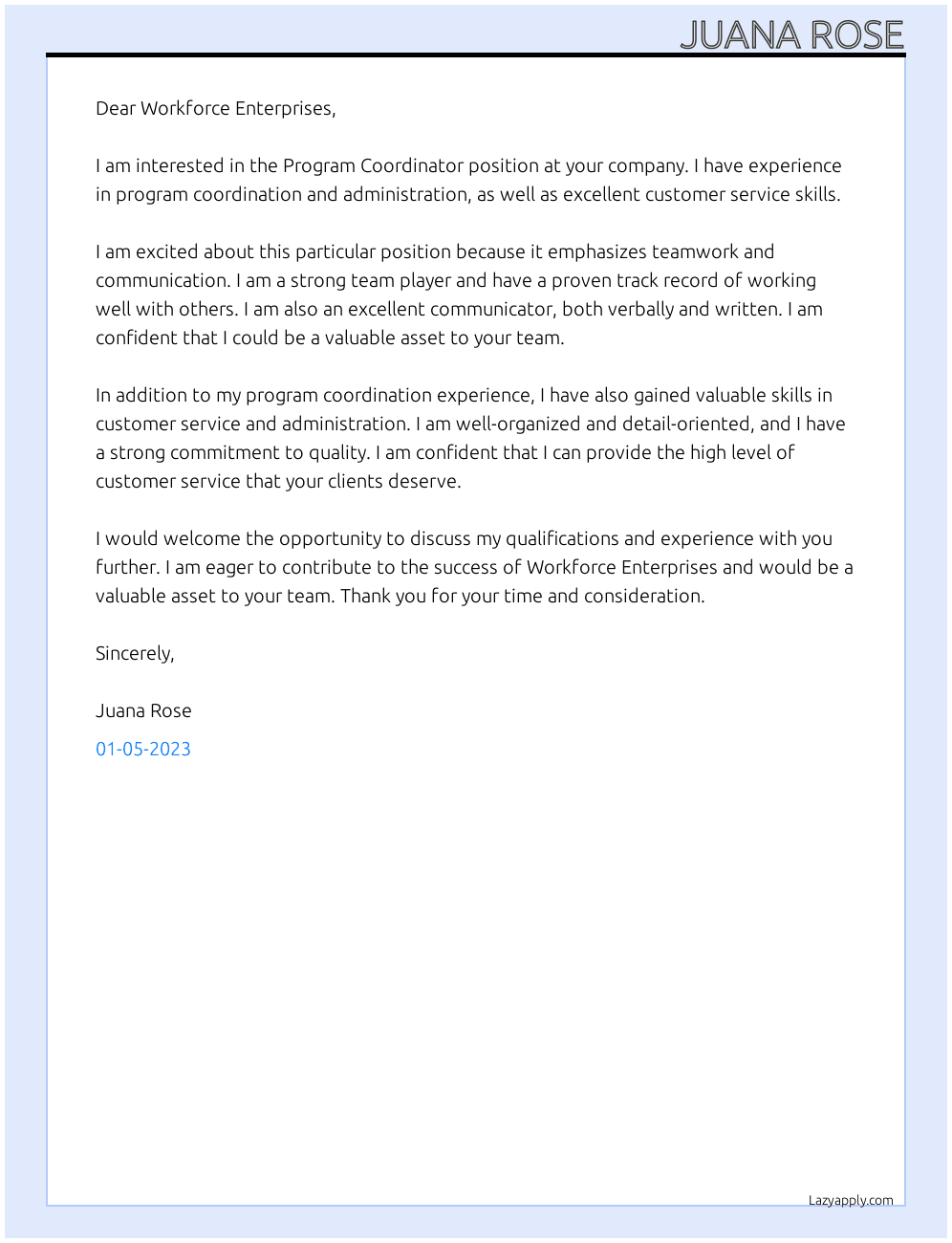 Program Coordinator At Workforce Enterprises Cover Letter