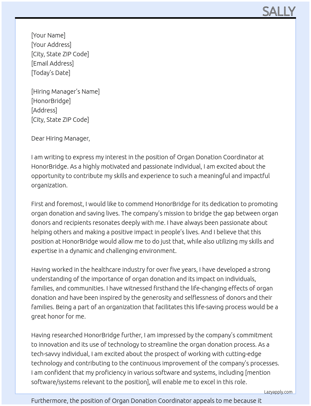 Organ donation coordinator At HonorBridge Cover Letter