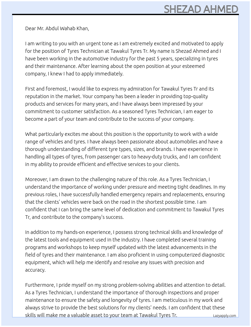 Cover letter for tyres tecnition - LazyApply