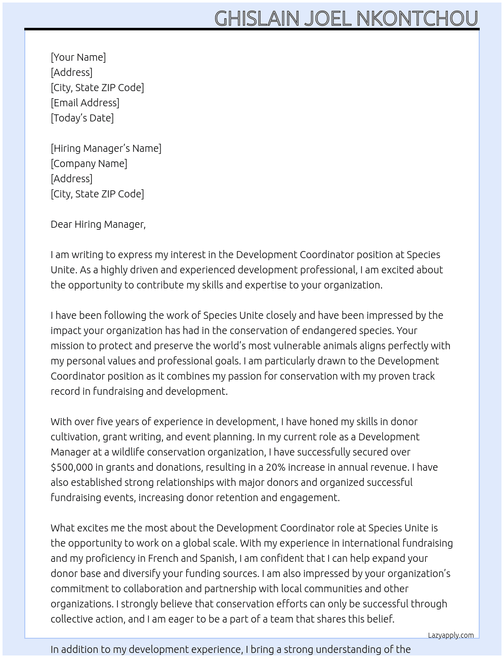 Development Coordinator At Species Unite Cover Letter