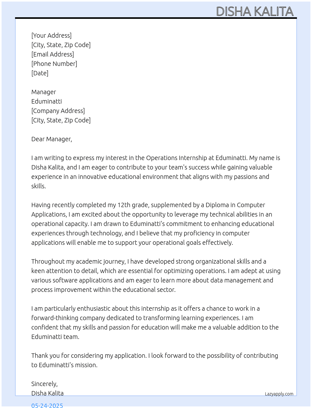 Cover letter for operation internship - LazyApply