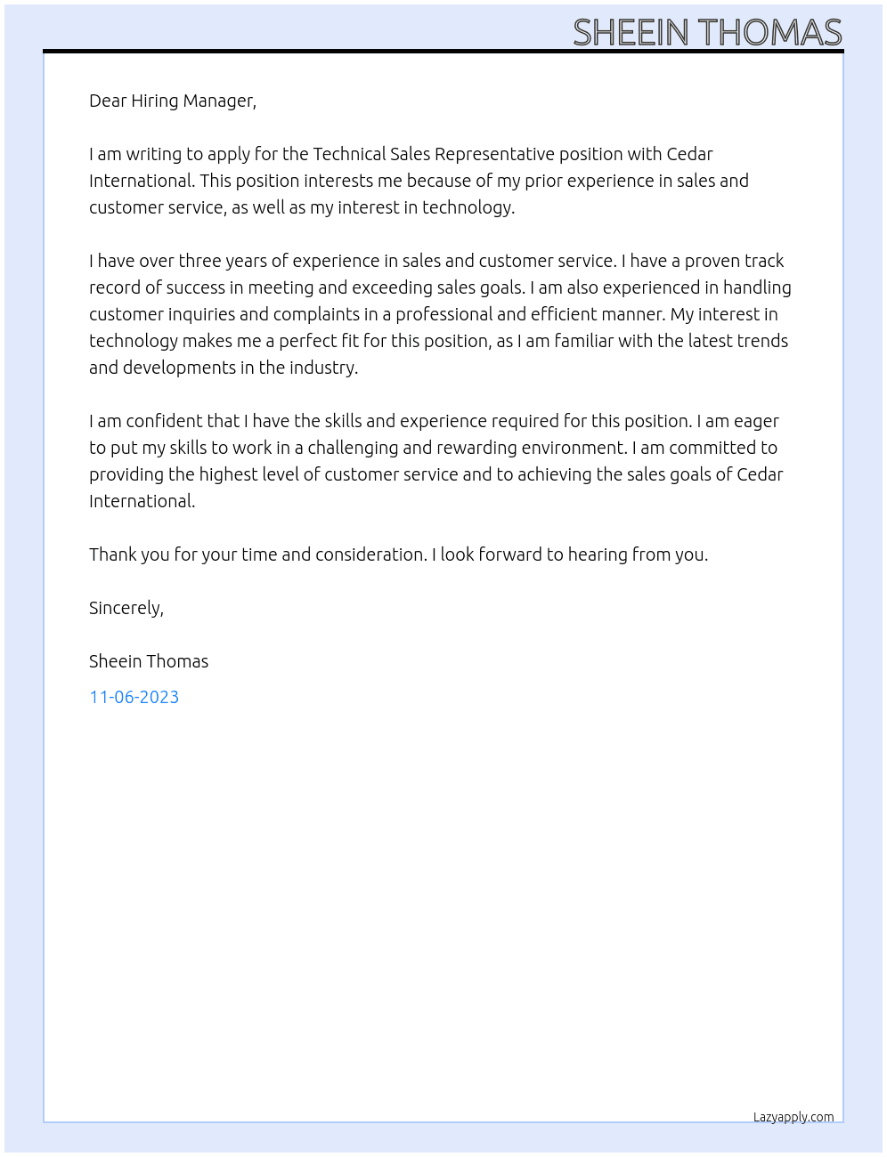 Technical sales representative  At Cedar International  Cover Letter