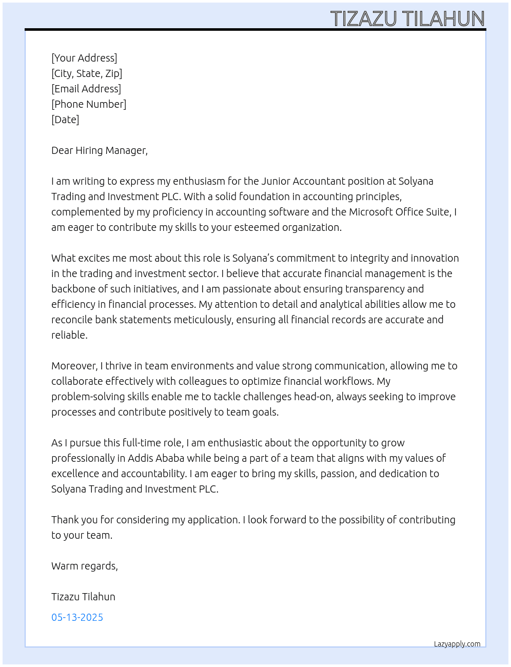 Junior Accountant At Solyana Trading and Investment PLC Cover Letter