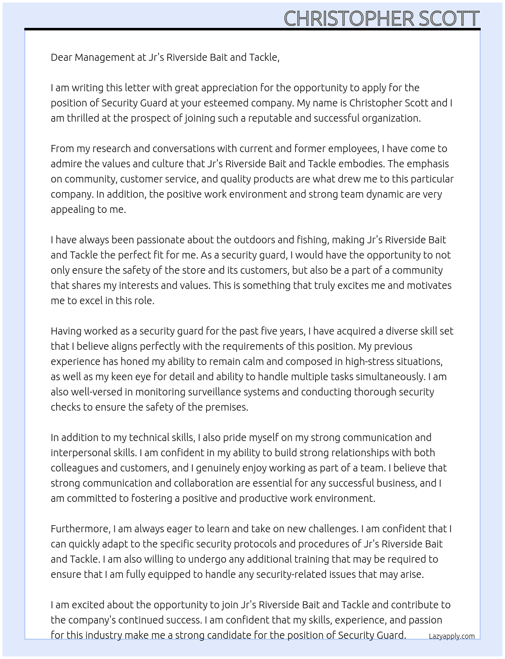 Security Guard At Jr's Riverside Bait and Tackle Cover Letter