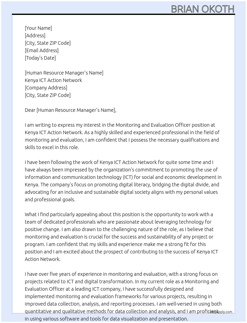 Monitoring and Evaluation Officer At Kenya ICT Action Network Cover Letter