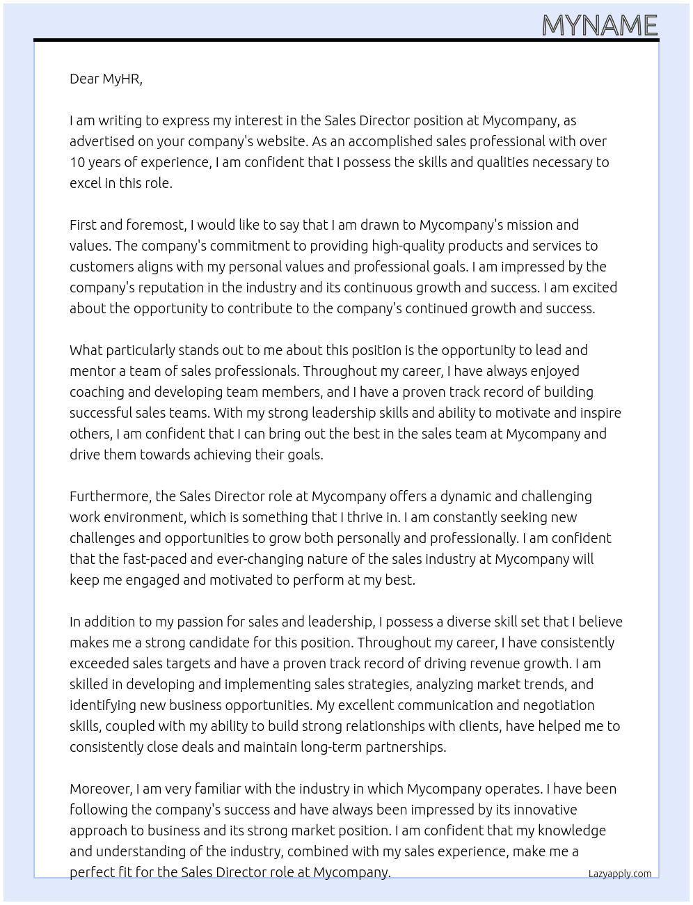 Sales Director At Mycompany Cover Letter