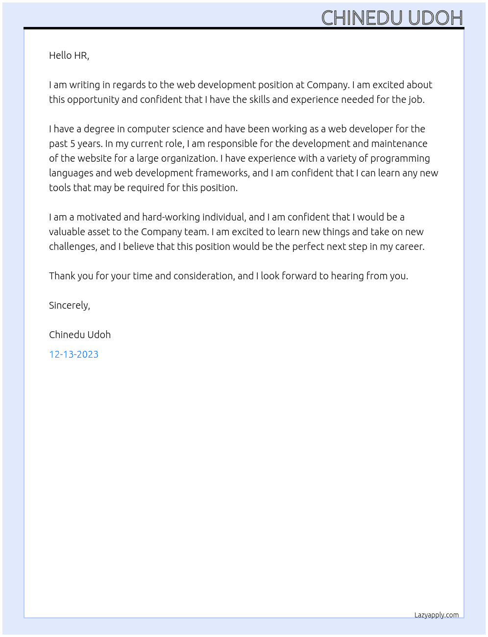 Web Development  At Company  Cover Letter