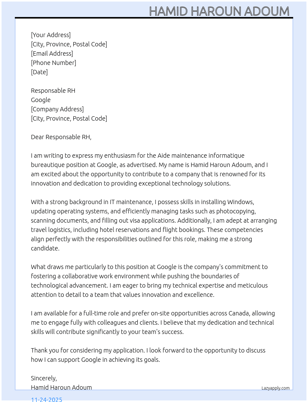 Cover letter for aide maintenance informatique bureautique - LazyApply