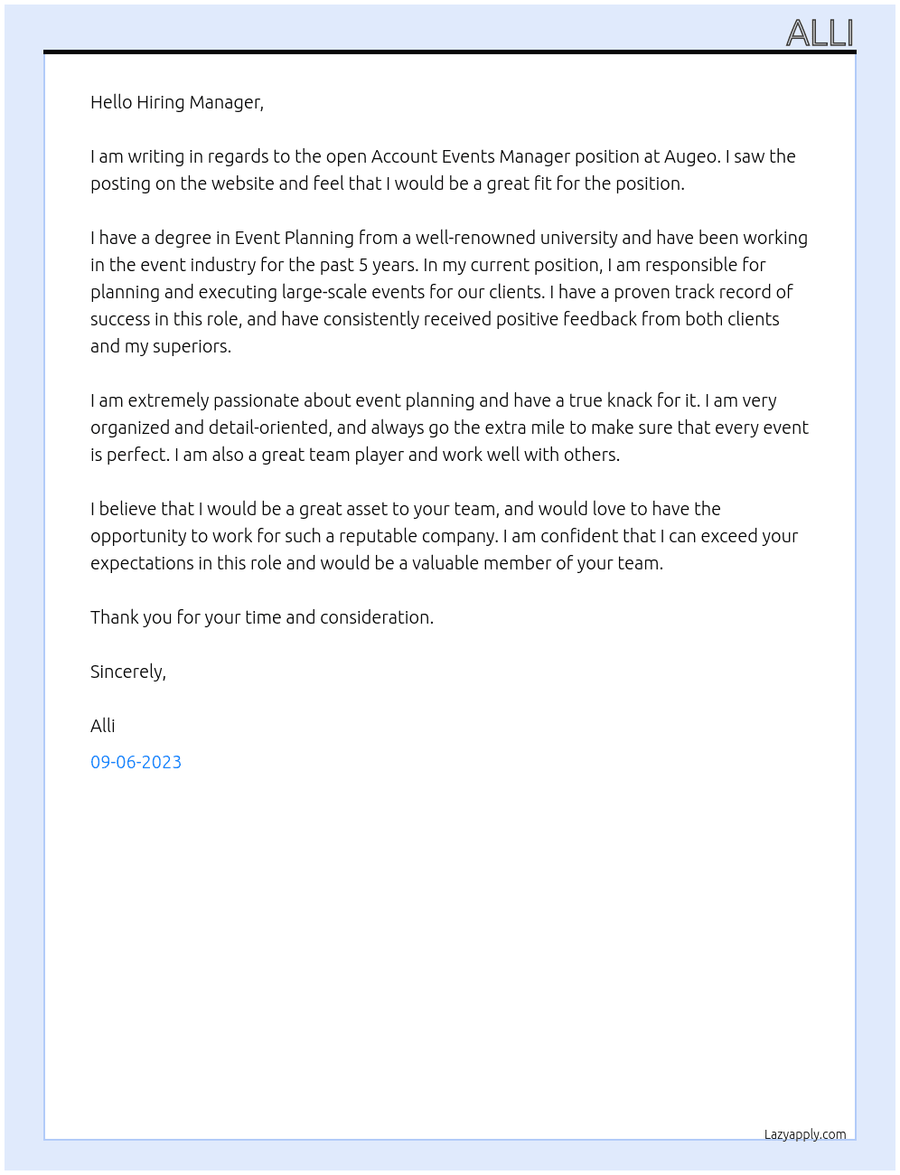 Account Events Manager At Augeo Cover Letter