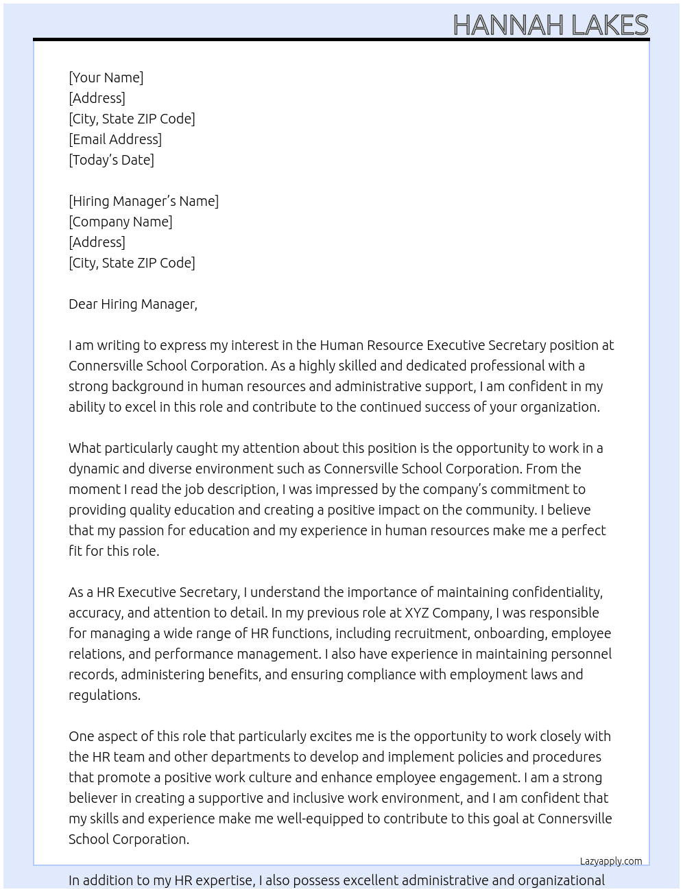 Human Resource Executive Secretary At Connersville School Corporation Cover Letter