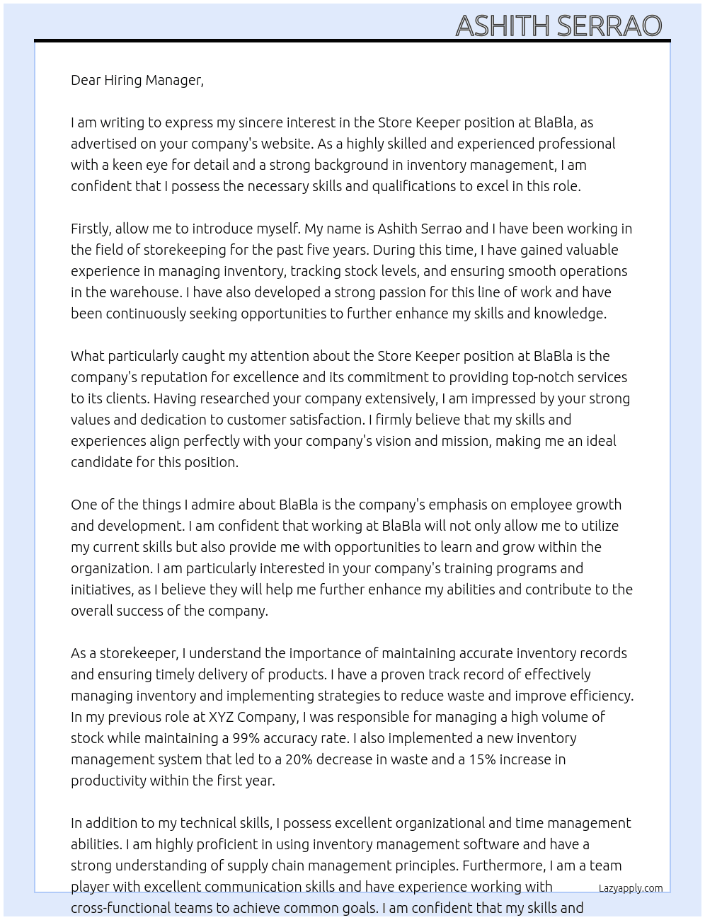 Store Keeper At BlaBla Cover Letter