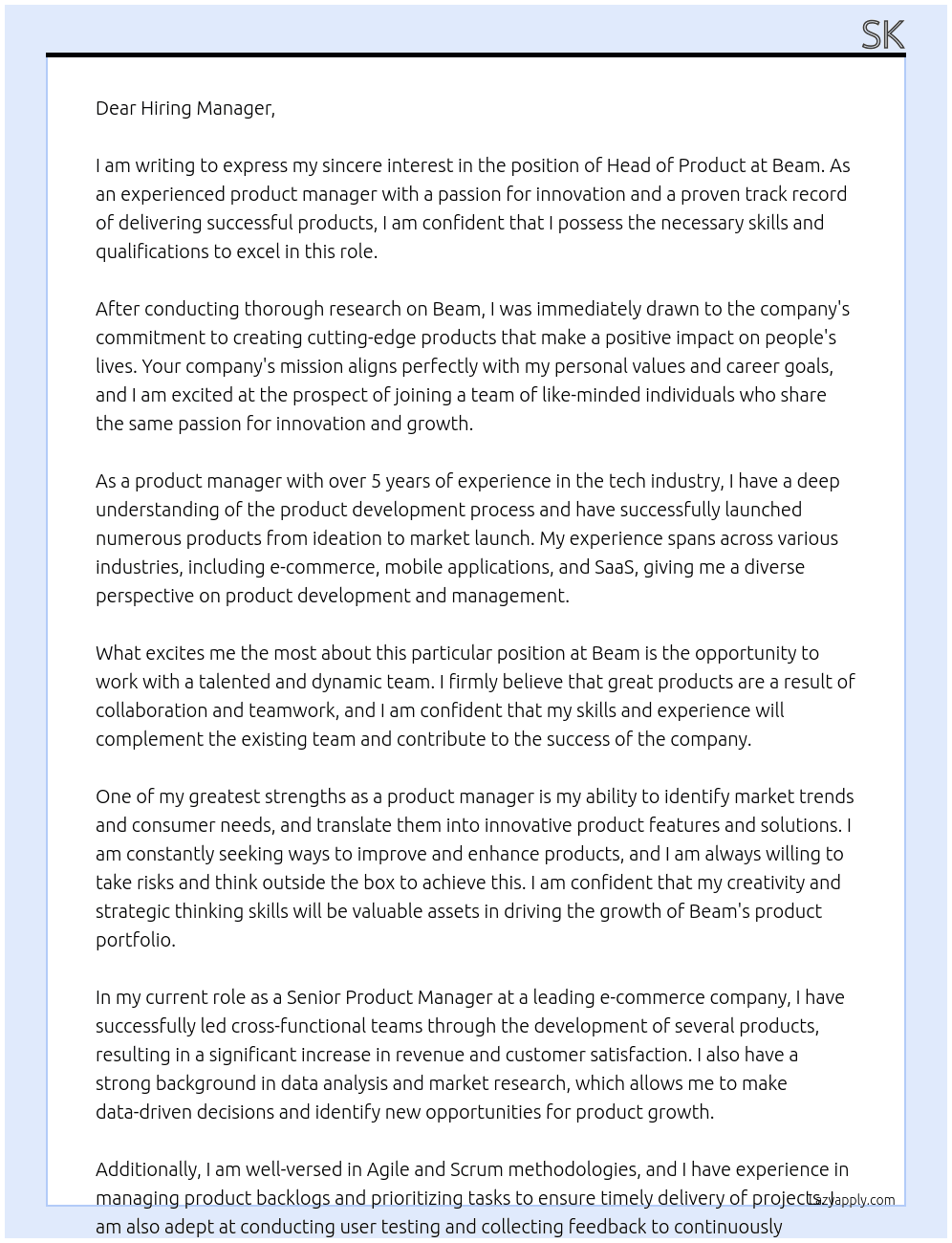 head of product At Beam Cover Letter