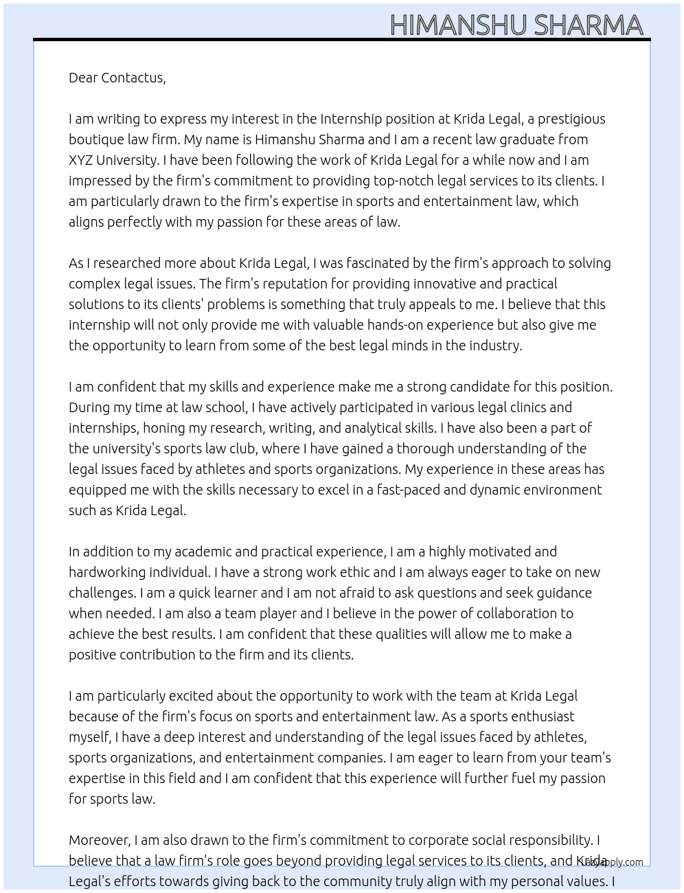 Internship  At Krida Legal is a boutique law firm Cover Letter