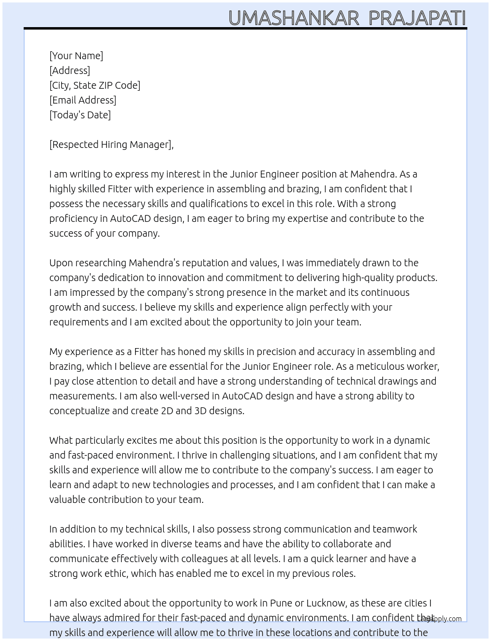 Junier  enginer  At MAHENDRA  Cover Letter
