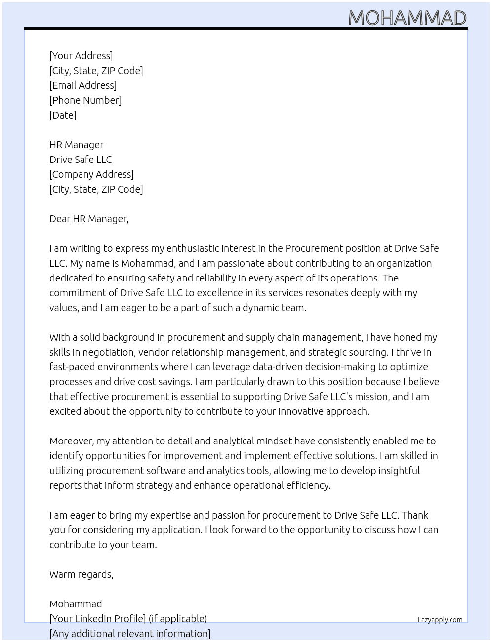 Procurement At Drive Safe LLC Cover Letter