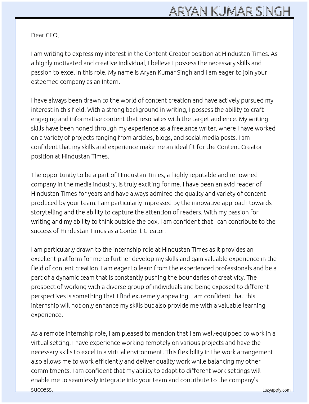 Content creator  At Hindustan Times  Cover Letter