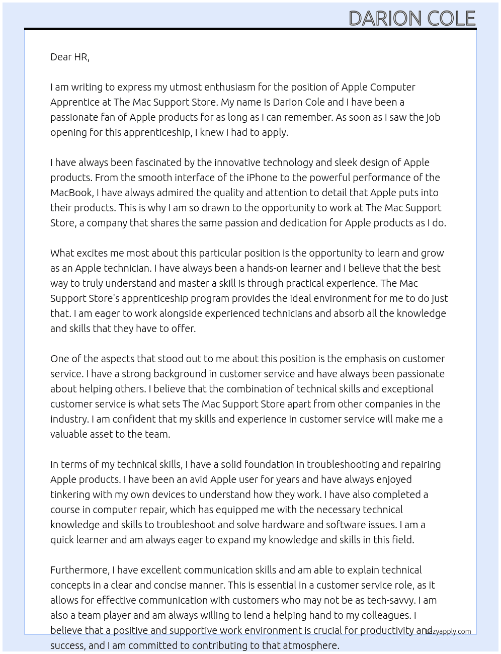 Cover letter for apple computer apprentice - LazyApply