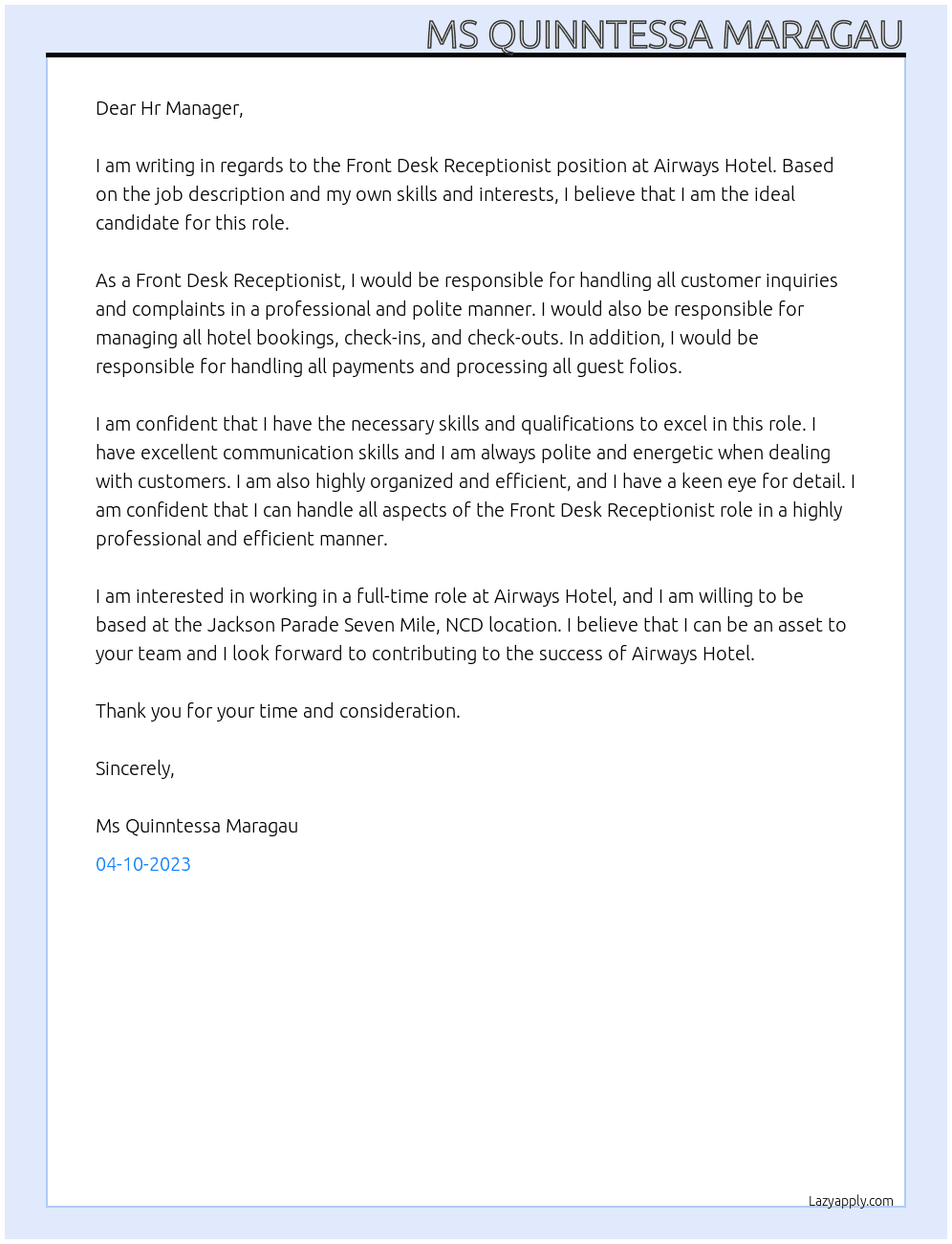 Front desk receptionist At Airways Hotel Cover Letter