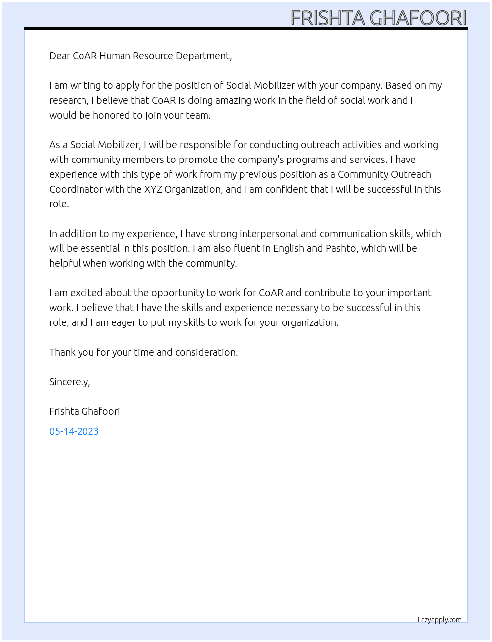  Social Mobilizer At COAR Cover Letter