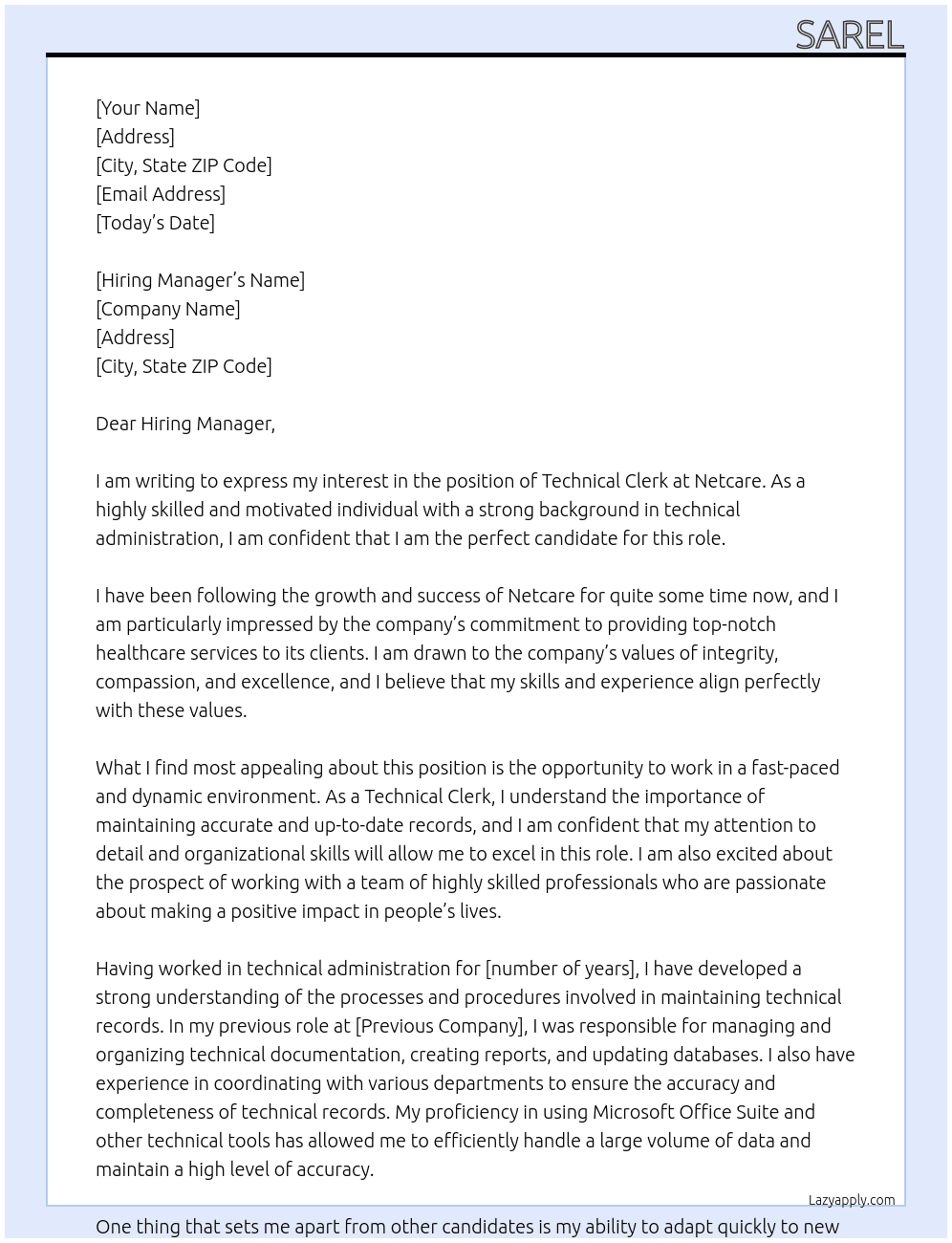Technical Clerk At Netcare Cover Letter