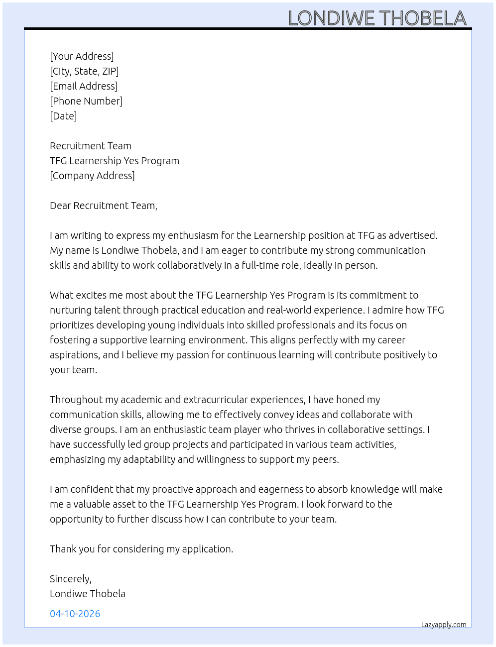 Learnership  At TFG learnership Yes Program  Cover Letter