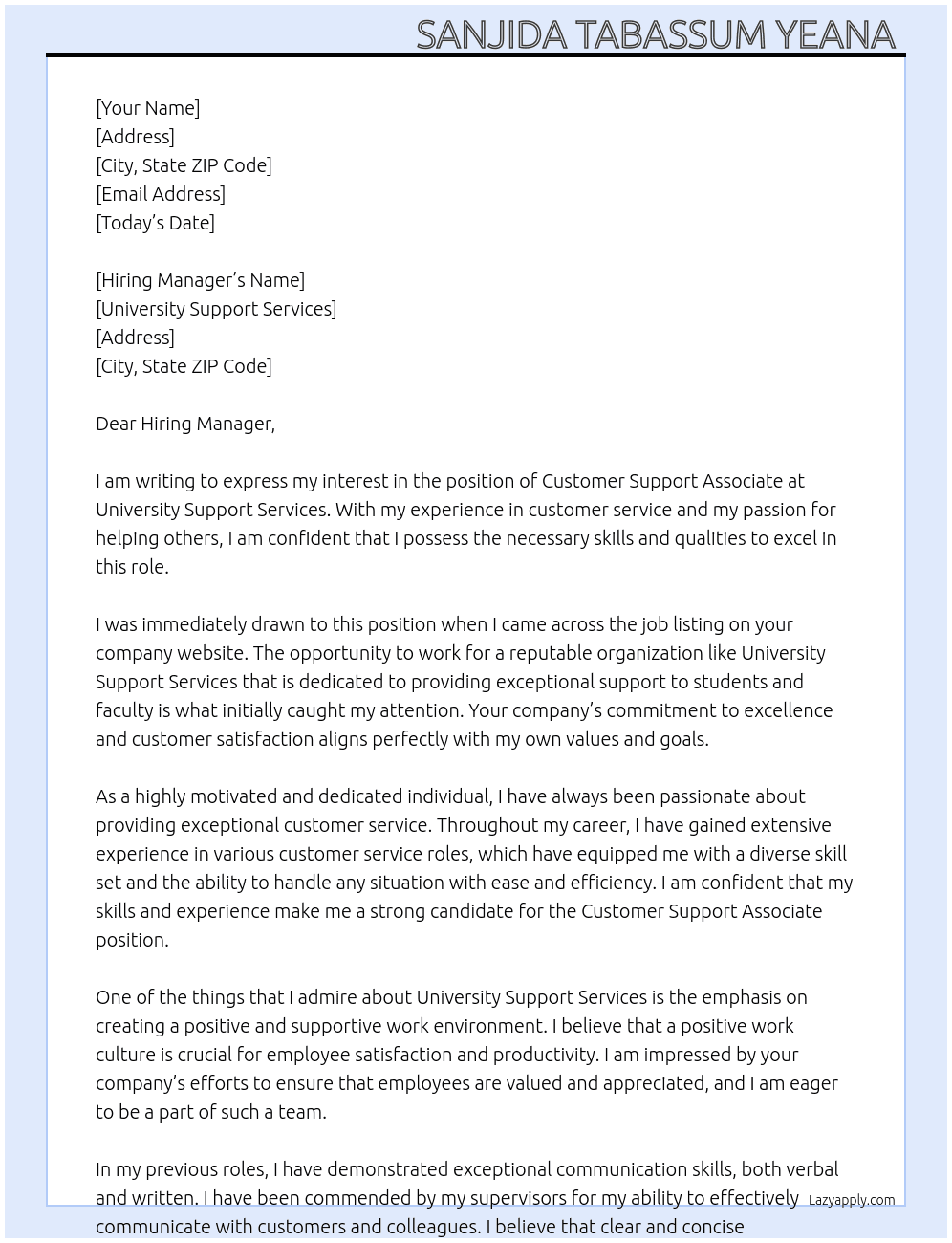 Customer support associate At University support services  Cover Letter