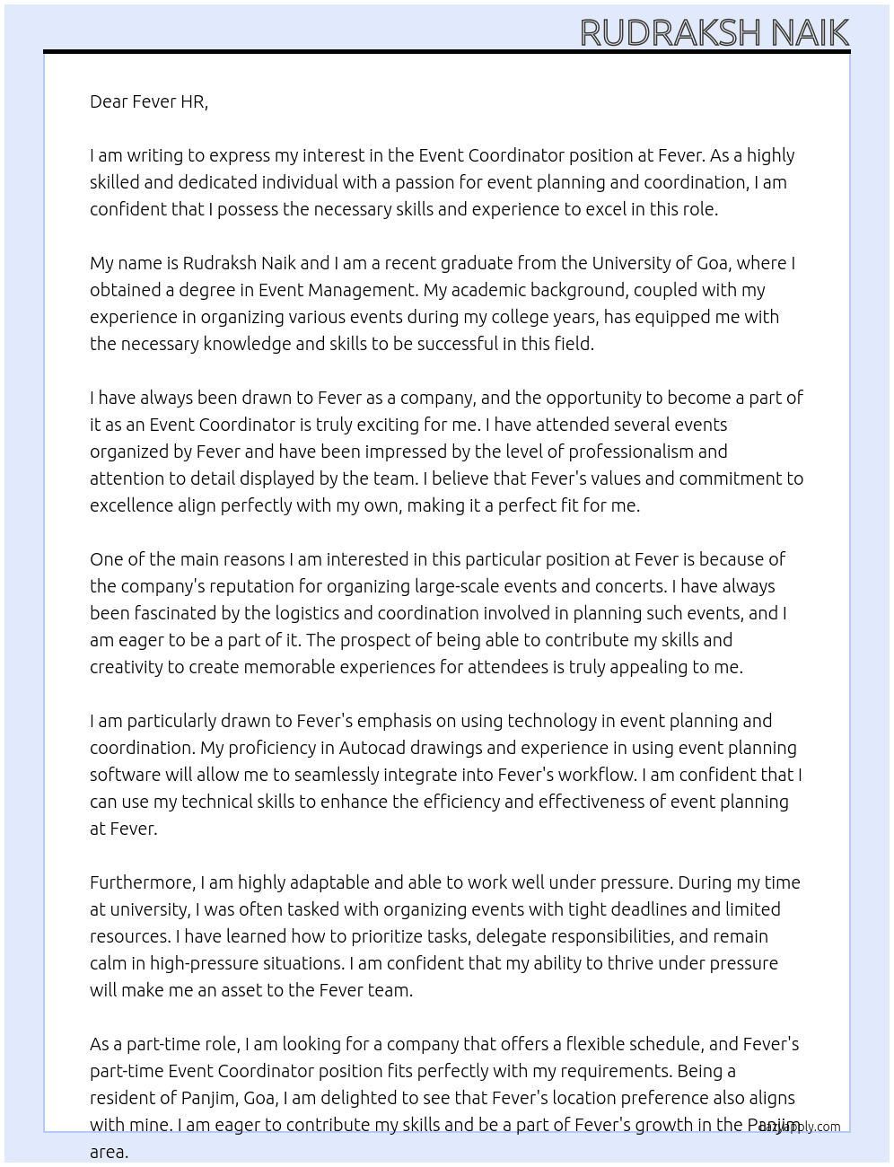 Event coordinator At Fever Cover Letter