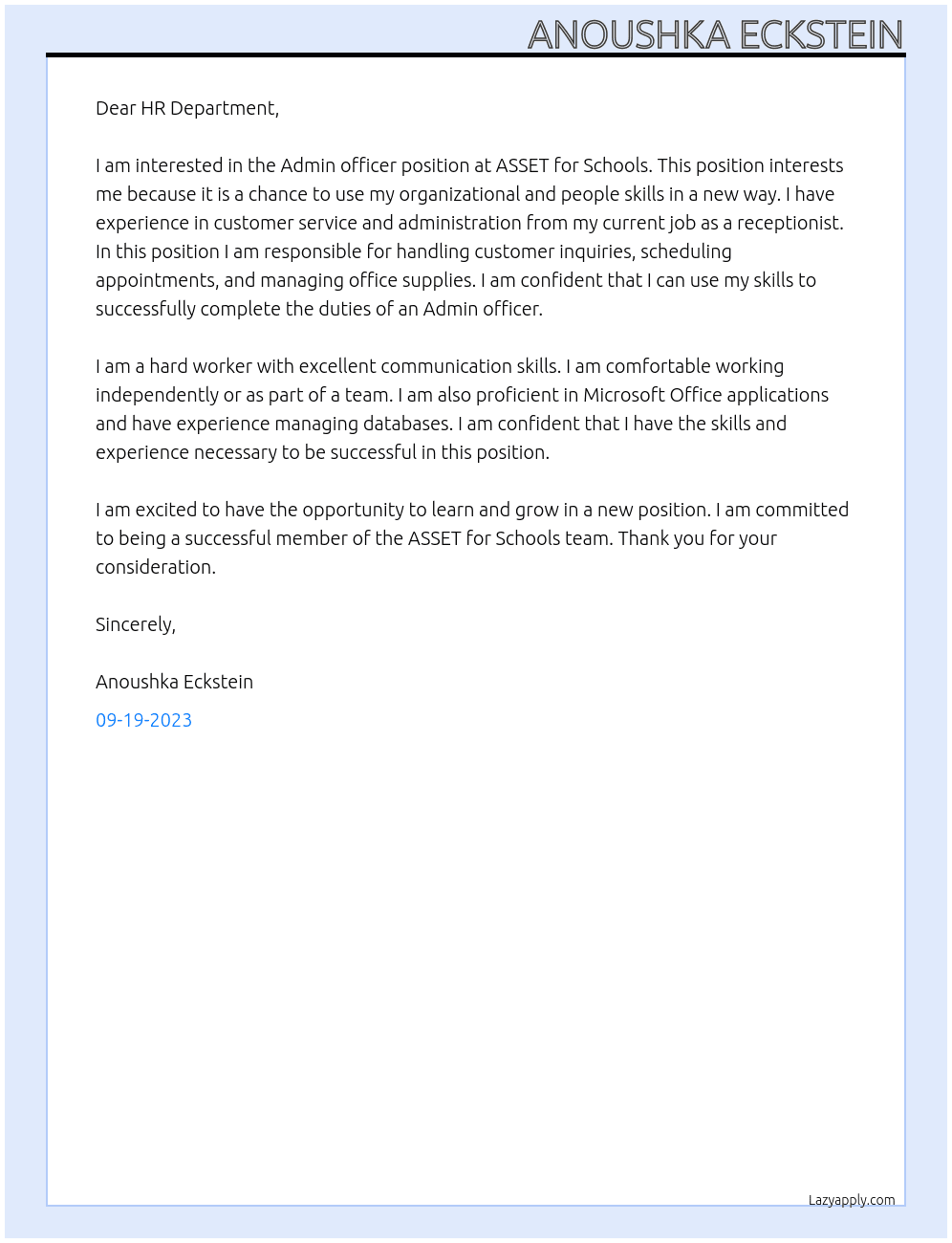 Admin officer At ASSET for Schools Cover Letter