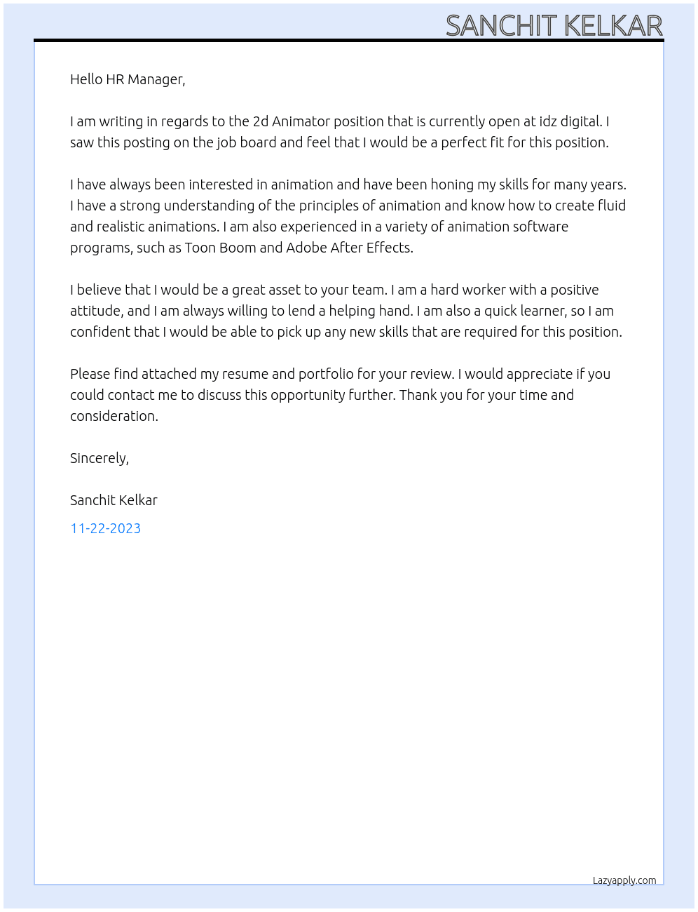 2d Animator At idz digital Cover Letter