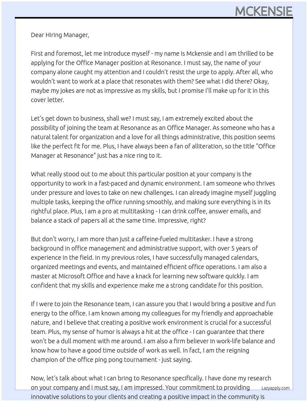 Office Manager At Resonance Cover Letter