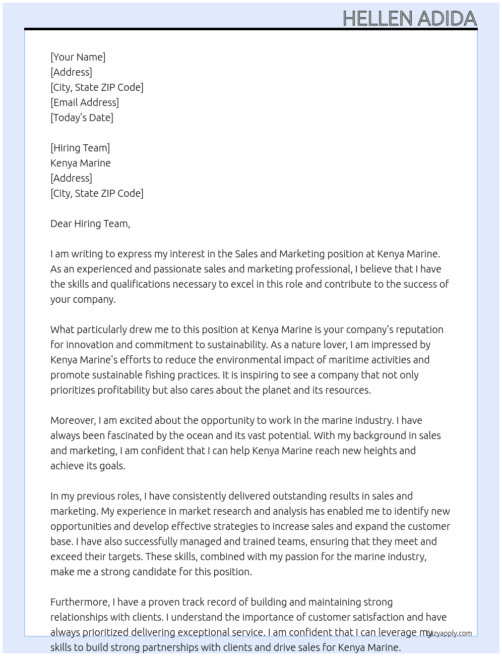 sales and marketing At kenya marine Cover Letter