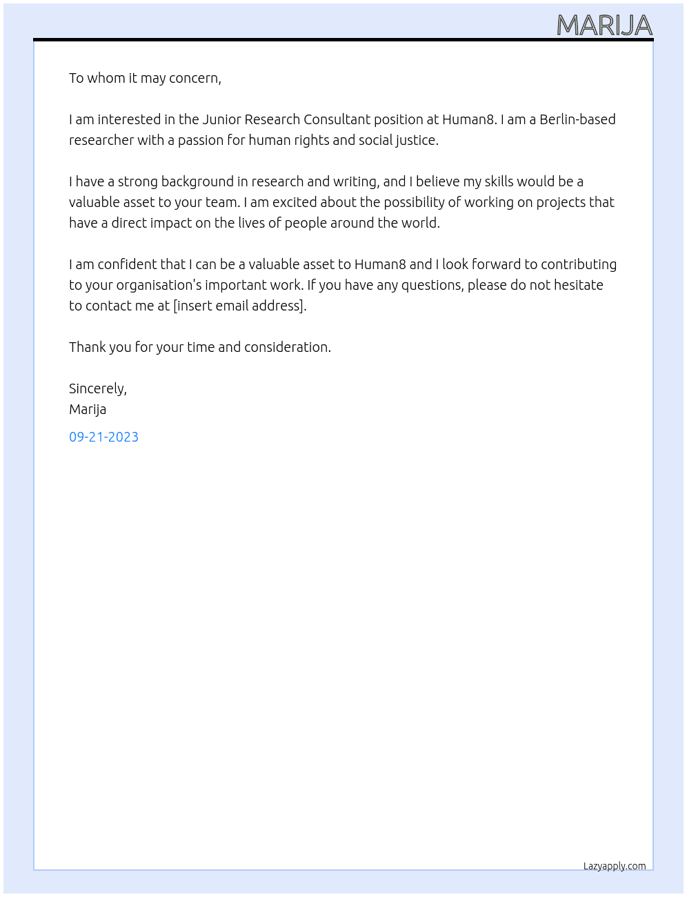 Junior Research Consultant  At Human8 Cover Letter