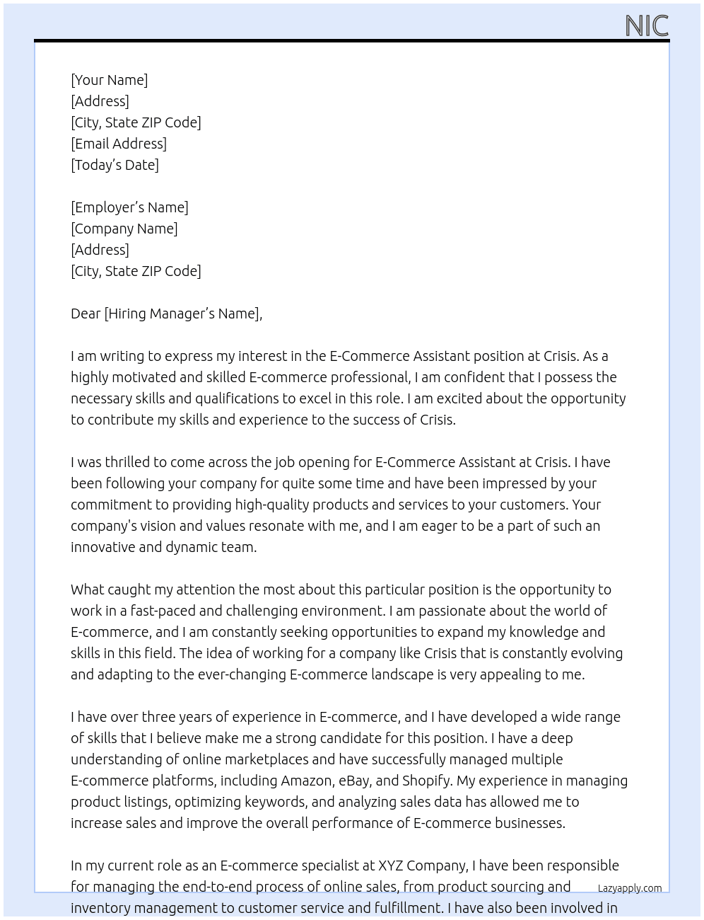 E-Commerce Assistant At crisis Cover Letter